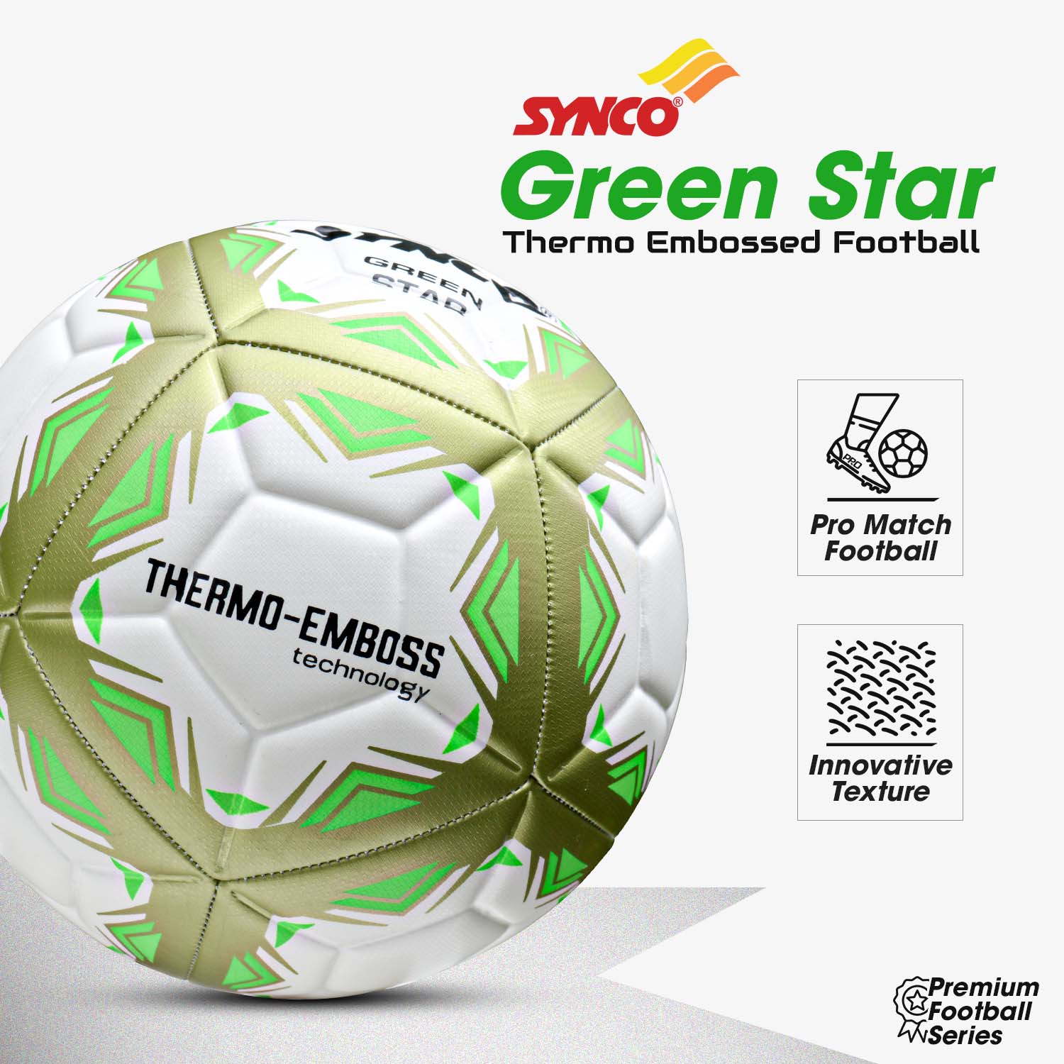 Synco Green Star Embossed Football | Professional Match Ball | TPU Machine Stitched | Size-5 - Image 2