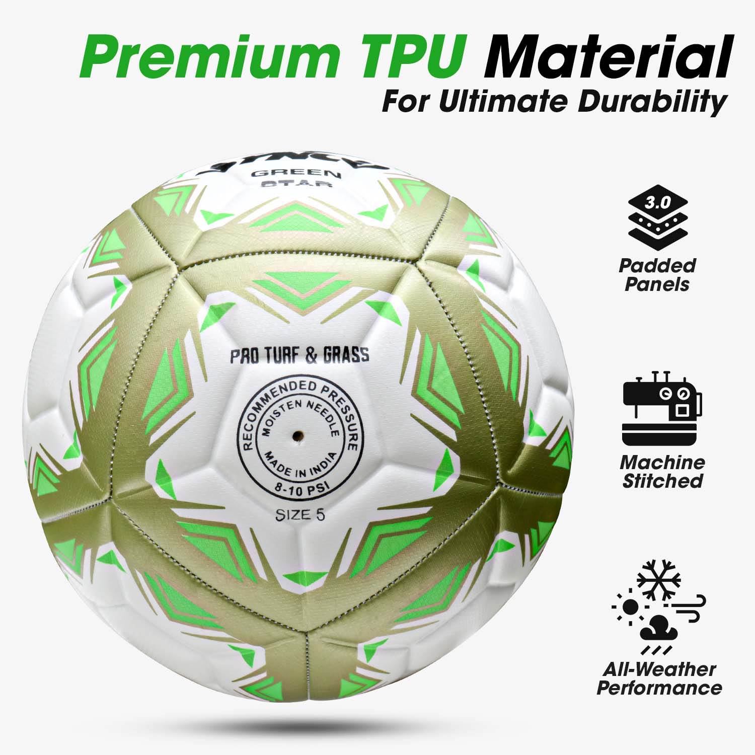 Synco Green Star Embossed Football | Professional Match Ball | TPU Machine Stitched | Size-5 - Image 3