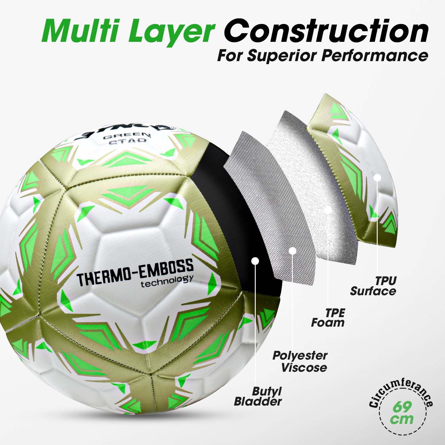 Synco Green Star Embossed Football | Professional Match Ball | TPU Machine Stitched | Size-5 - Image 4