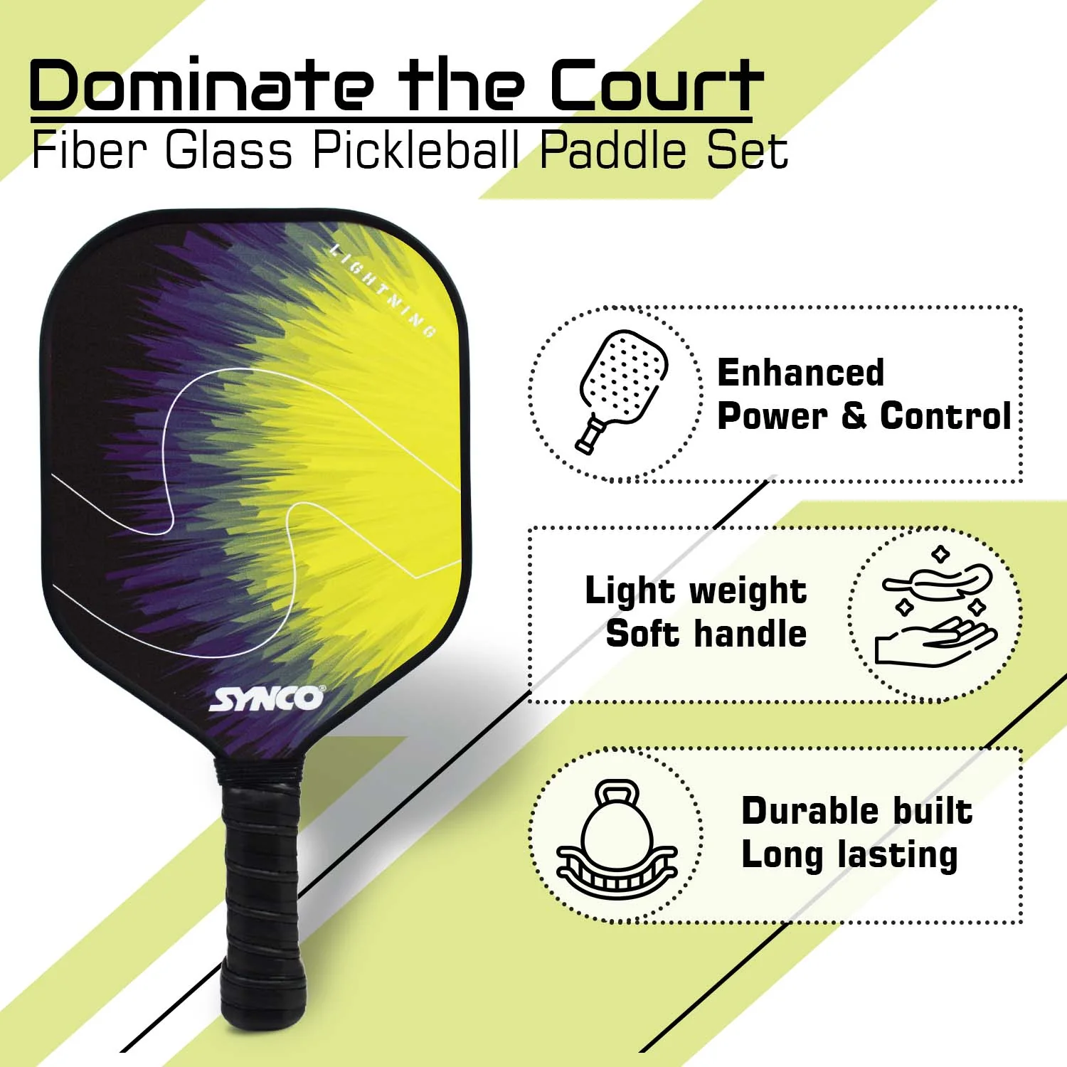 Synco Pickleball Paddle Set Lightning Yellow | 2 Pickleball Rackets and 4 Pickleballs with Carry Bag | Fiberglass Lightweight Racket with Cushion Comfort Grip - Image 2