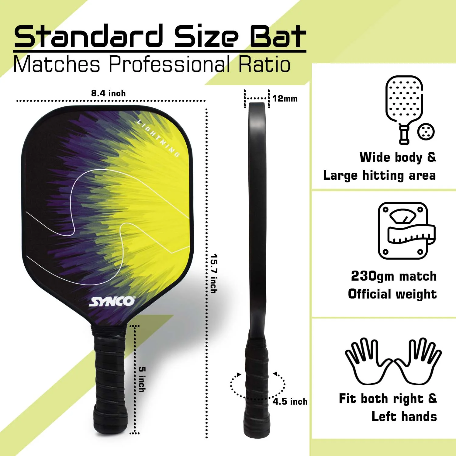 Synco Pickleball Paddle Set Lightning Yellow | 2 Pickleball Rackets and 4 Pickleballs with Carry Bag | Fiberglass Lightweight Racket with Cushion Comfort Grip - Image 5