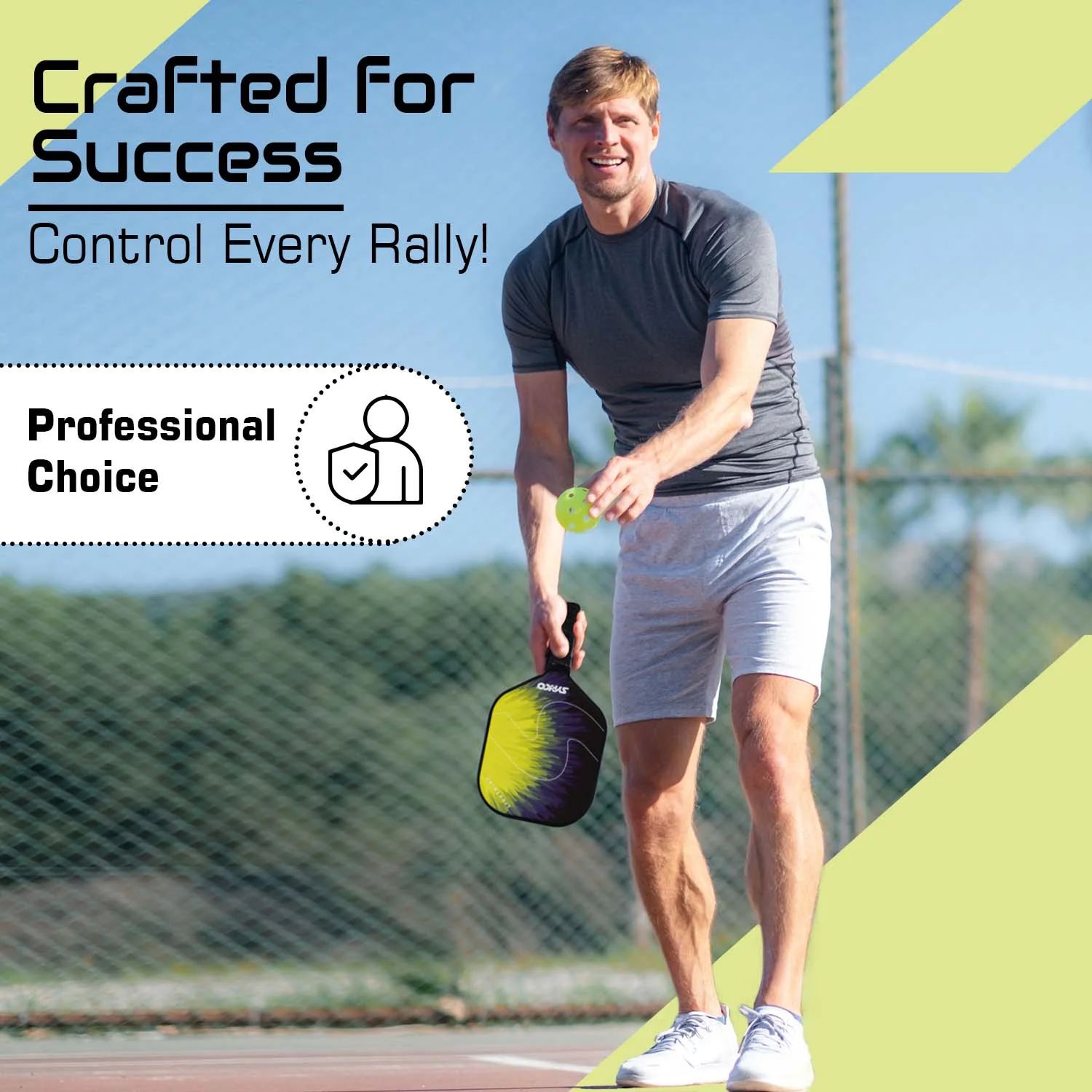 Synco Pickleball Paddle Set Lightning Yellow | 2 Pickleball Rackets and 4 Pickleballs with Carry Bag | Fiberglass Lightweight Racket with Cushion Comfort Grip - Image 7
