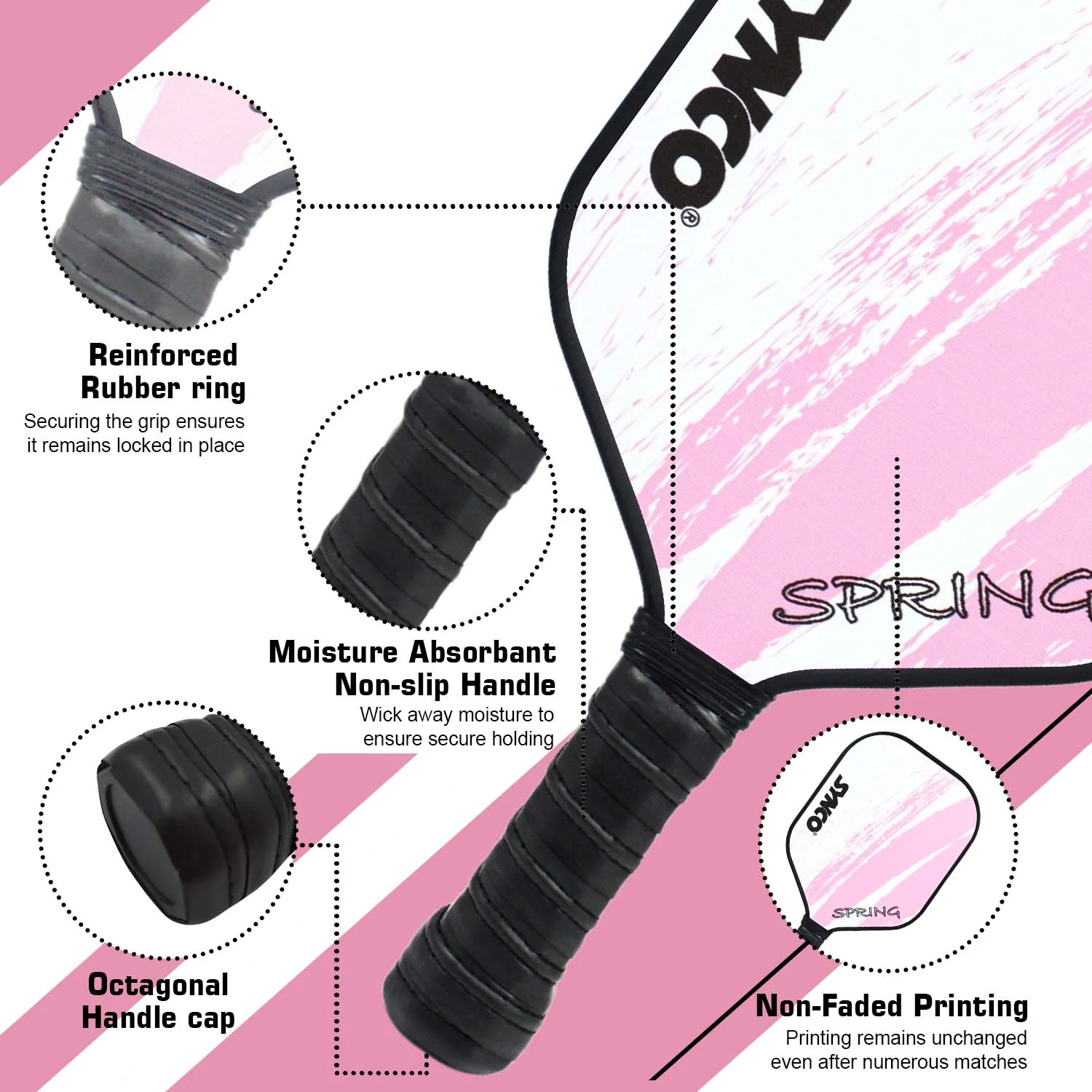 Synco Pickleball Paddle Set Spring Pink | 2 Pickleball Rackets and 4 Pickleballs with Carry Bag | Fiberglass Lightweight Racket with Cushion Comfort Grip - Image 3