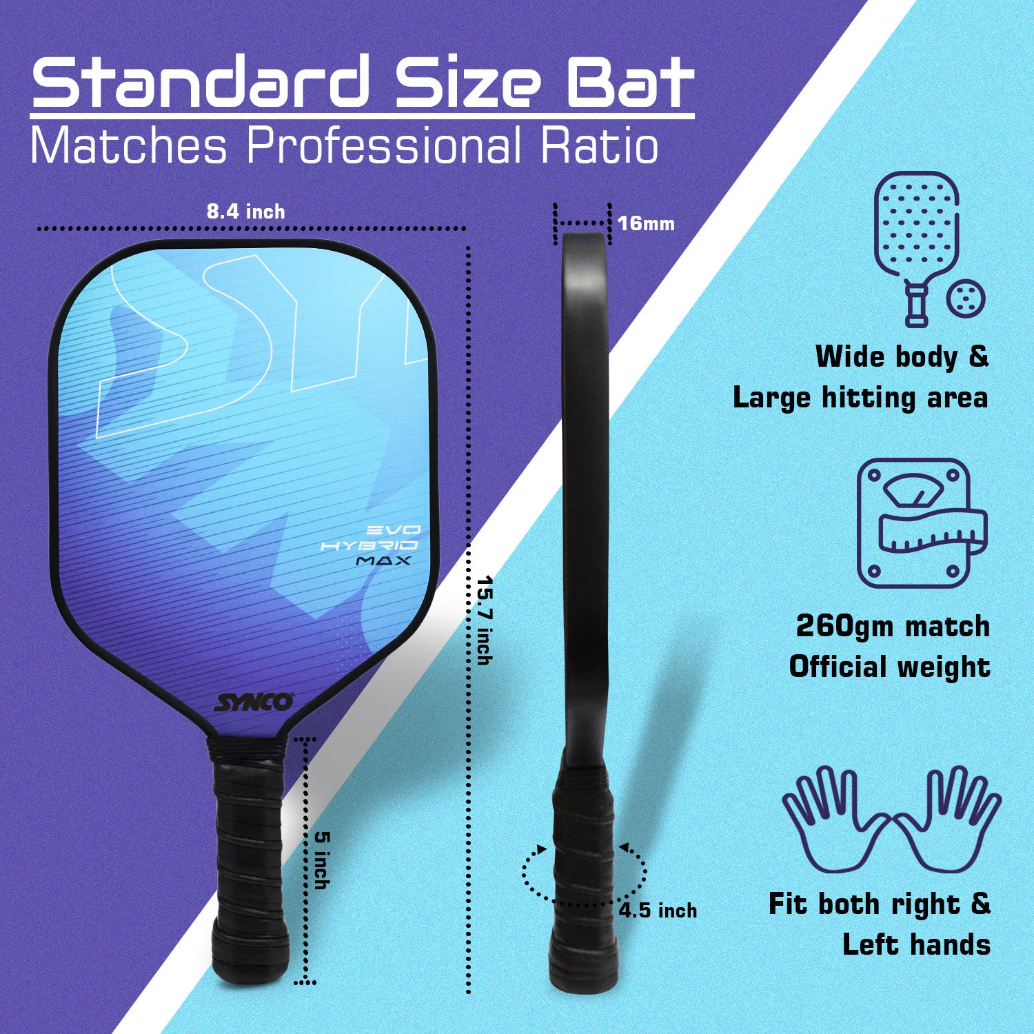 Synco Pickleball Paddle Hybrid Blue | Pickleball Racket Lightweight with 16mm Thickness - Image 3