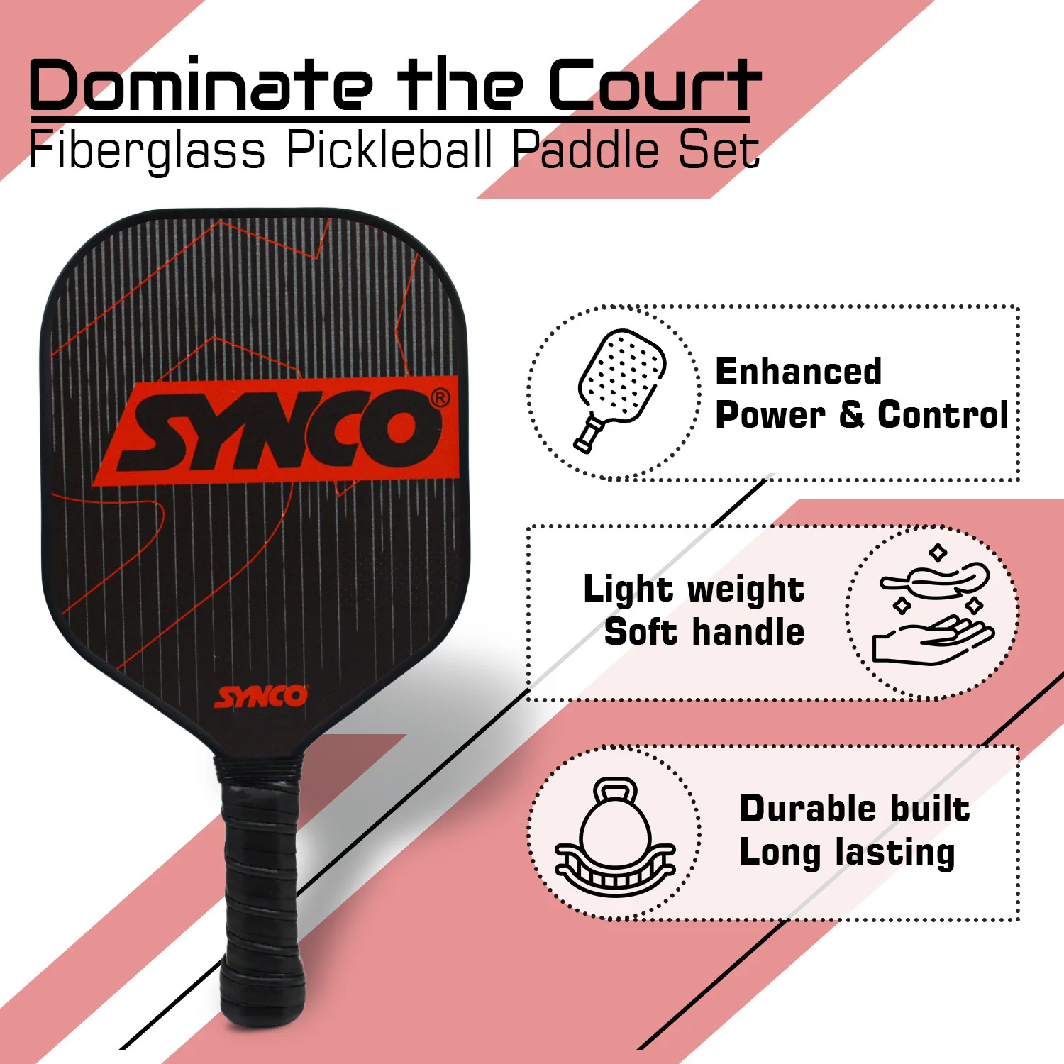 Synco Pickleball Paddle Set Carbonium Red | 1 Pickleball Rackets and 2 Pickleballs with Carry Bag | Fiberglass Lightweight Racket with Cushion Comfort Grip - Image 3