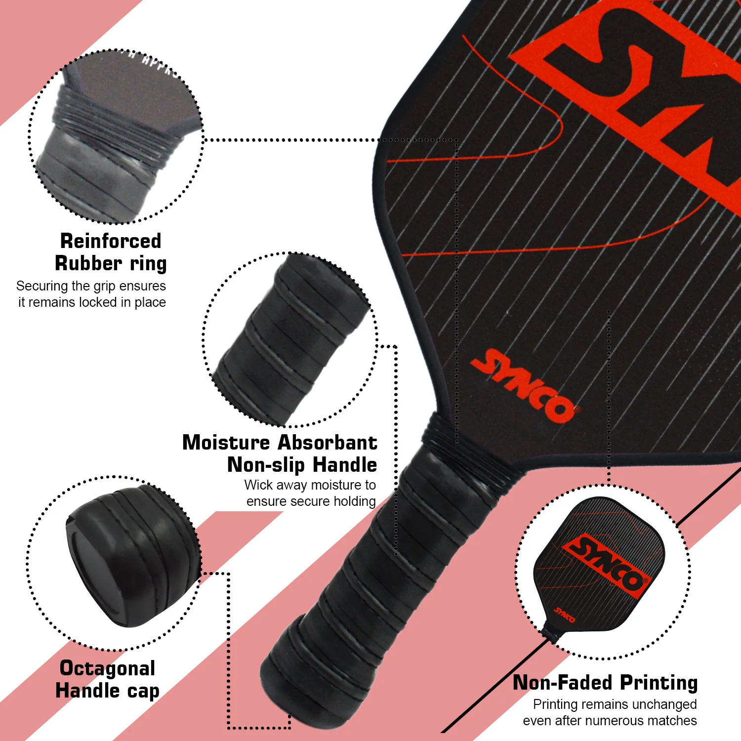 Synco Pickleball Paddle Set Carbonium Red | 1 Pickleball Rackets and 2 Pickleballs with Carry Bag | Fiberglass Lightweight Racket with Cushion Comfort Grip - Image 4