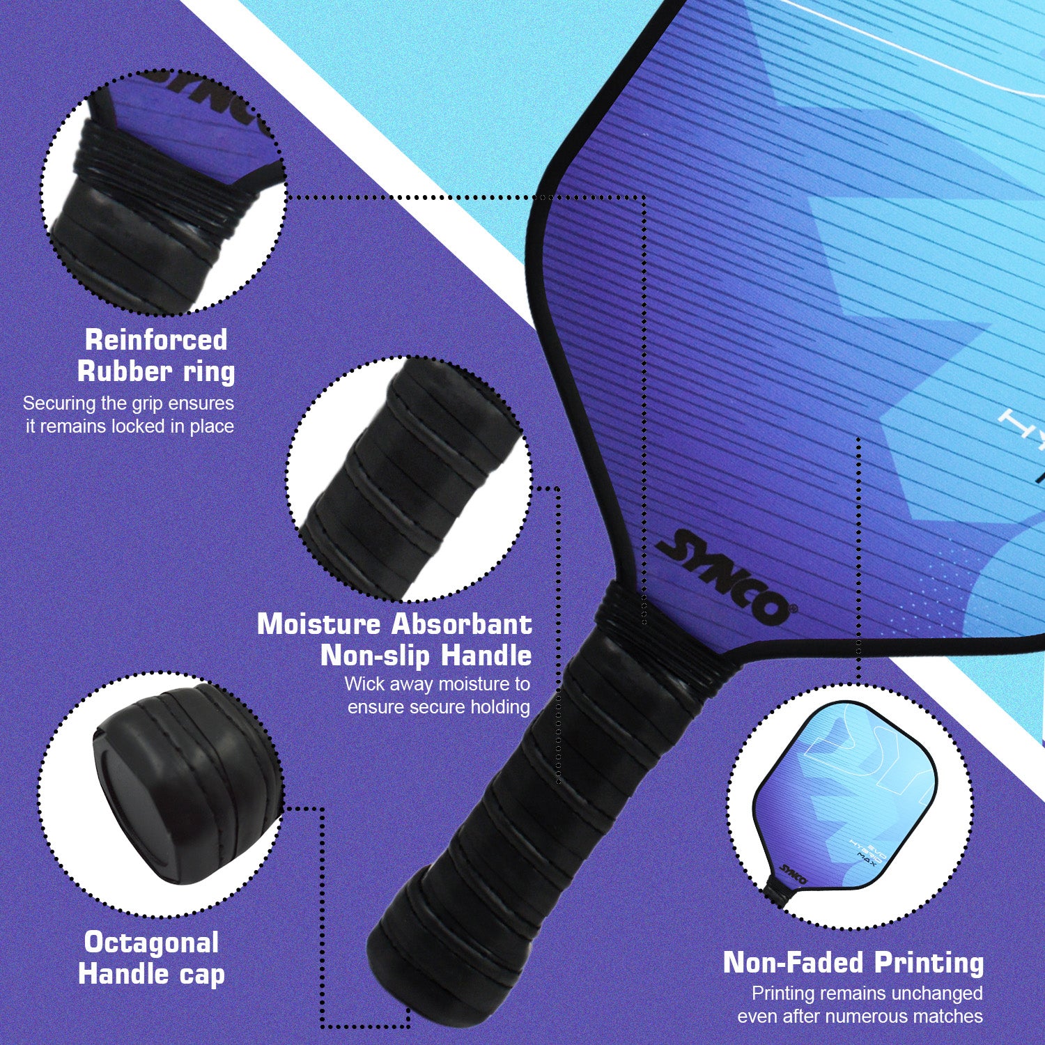 Synco Pickleball Paddle Set Hybrid Max Blue | 1 Pickleball Racket and 2 Pickleballs with Carry Bag | Fiberglass Lightweight Racket with Cushion Comfort Grip - Image 4