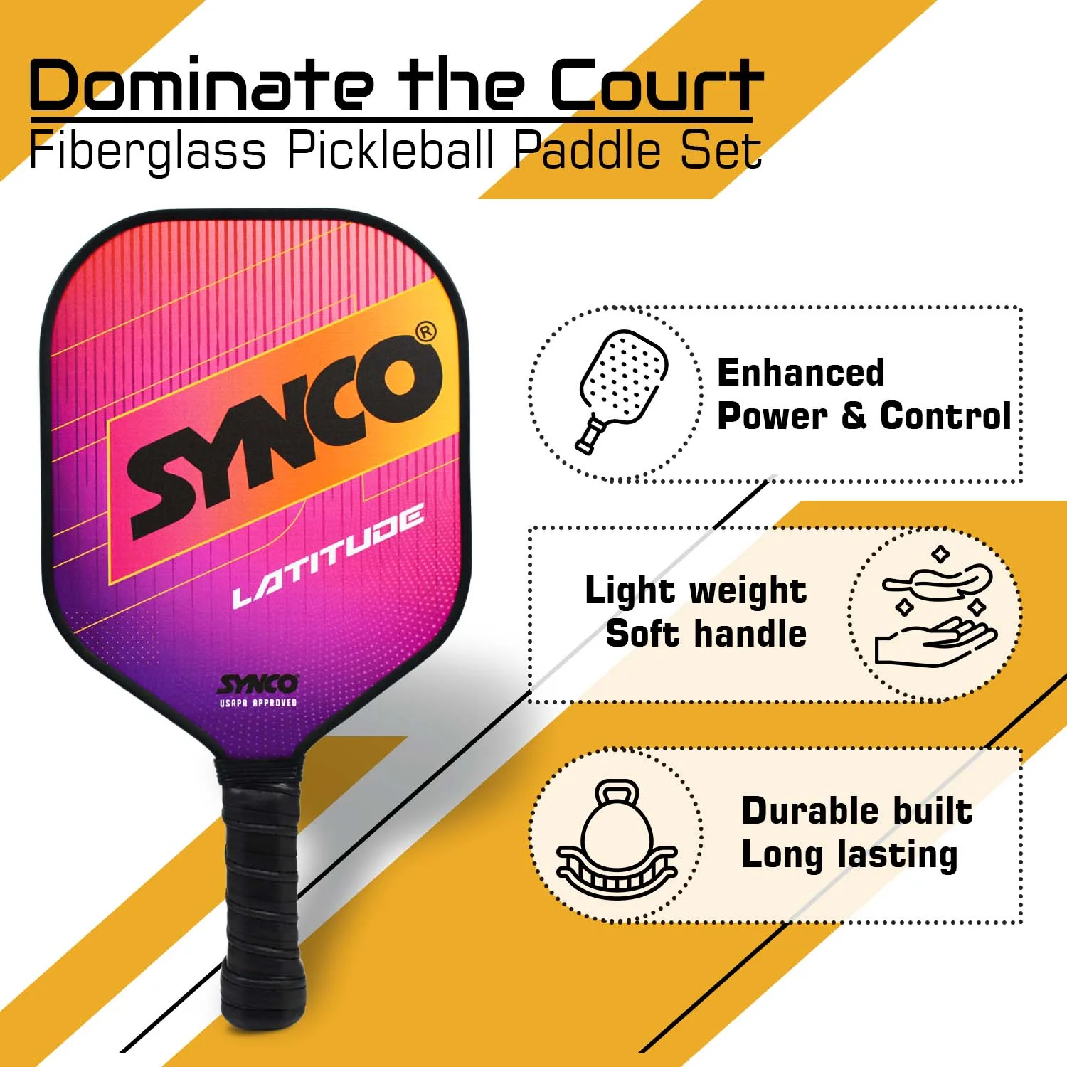 Synco Pickleball Paddle Set Latitude Pink | 1 Pickleball Racket and 2 Pickleballs with Carry Bag | Fiberglass Lightweight Racket with Cushion Comfort Grip - Image 2