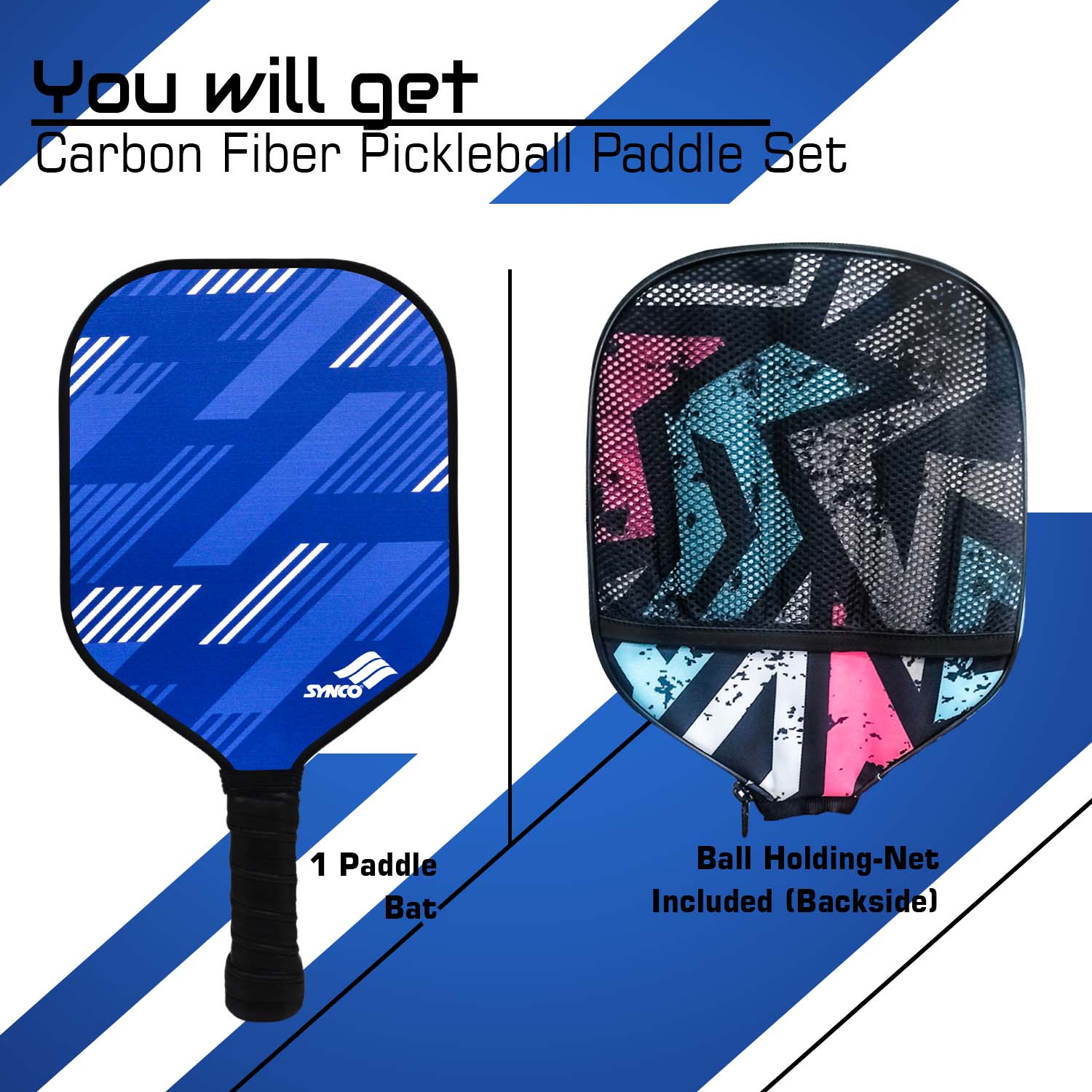 Synco Slash Carbon Fiber Pickleball Paddle (Blue) with Free Cover Bag - Image 2