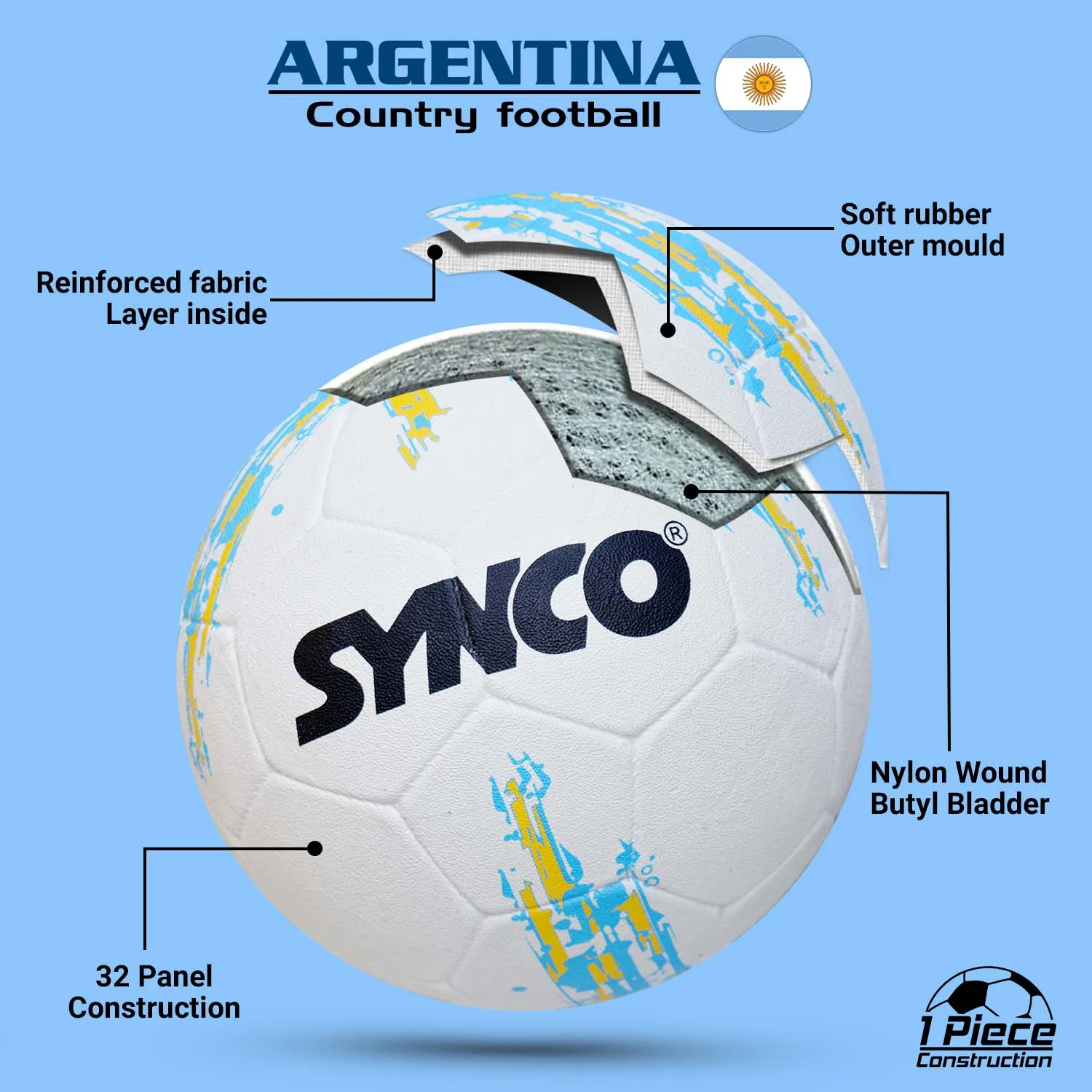 Synco Country Flag Football - Argentina (Size-5) - Image 4