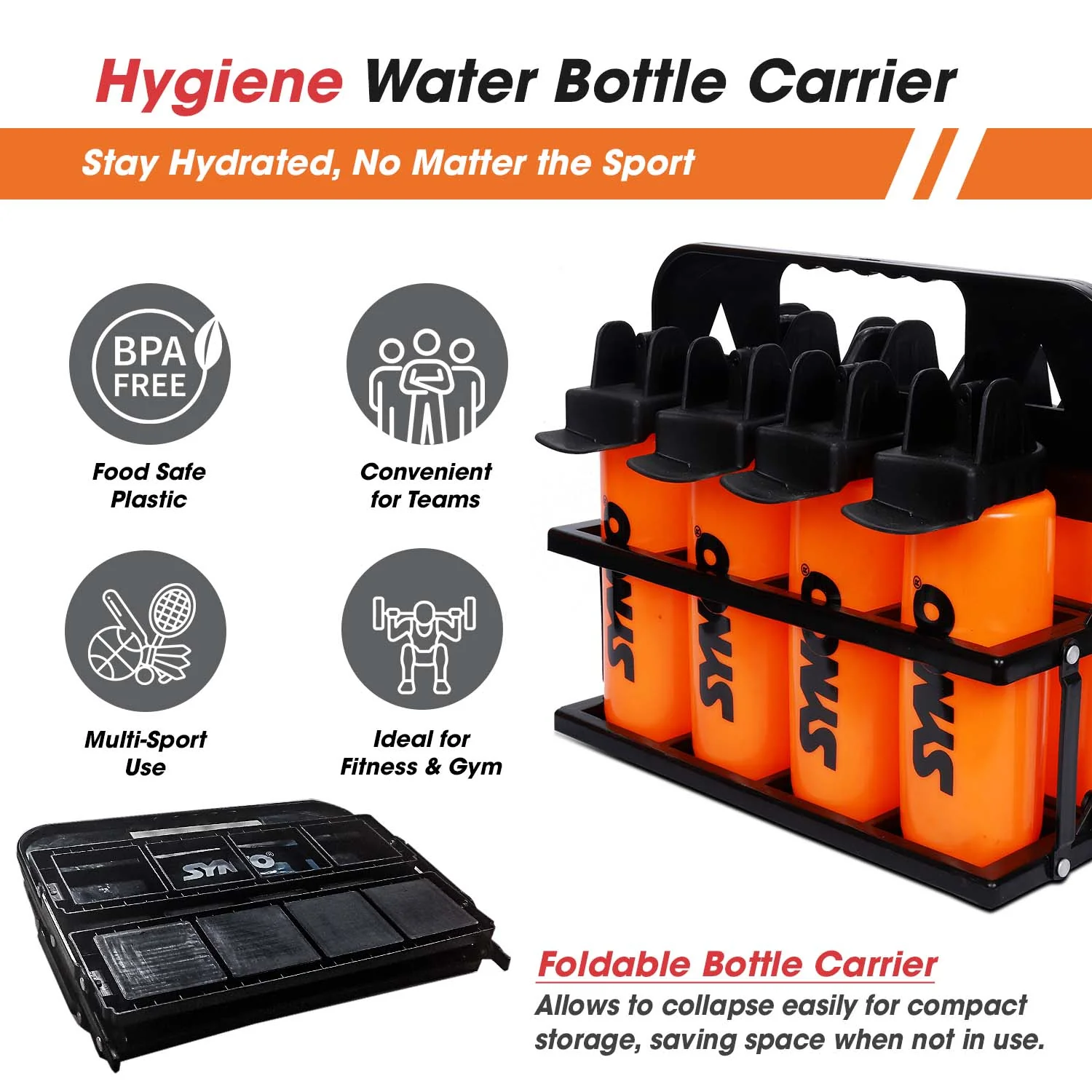 Synco Hygienic Water Bottle carrier set (8 bottles) Orange-Black - Image 3