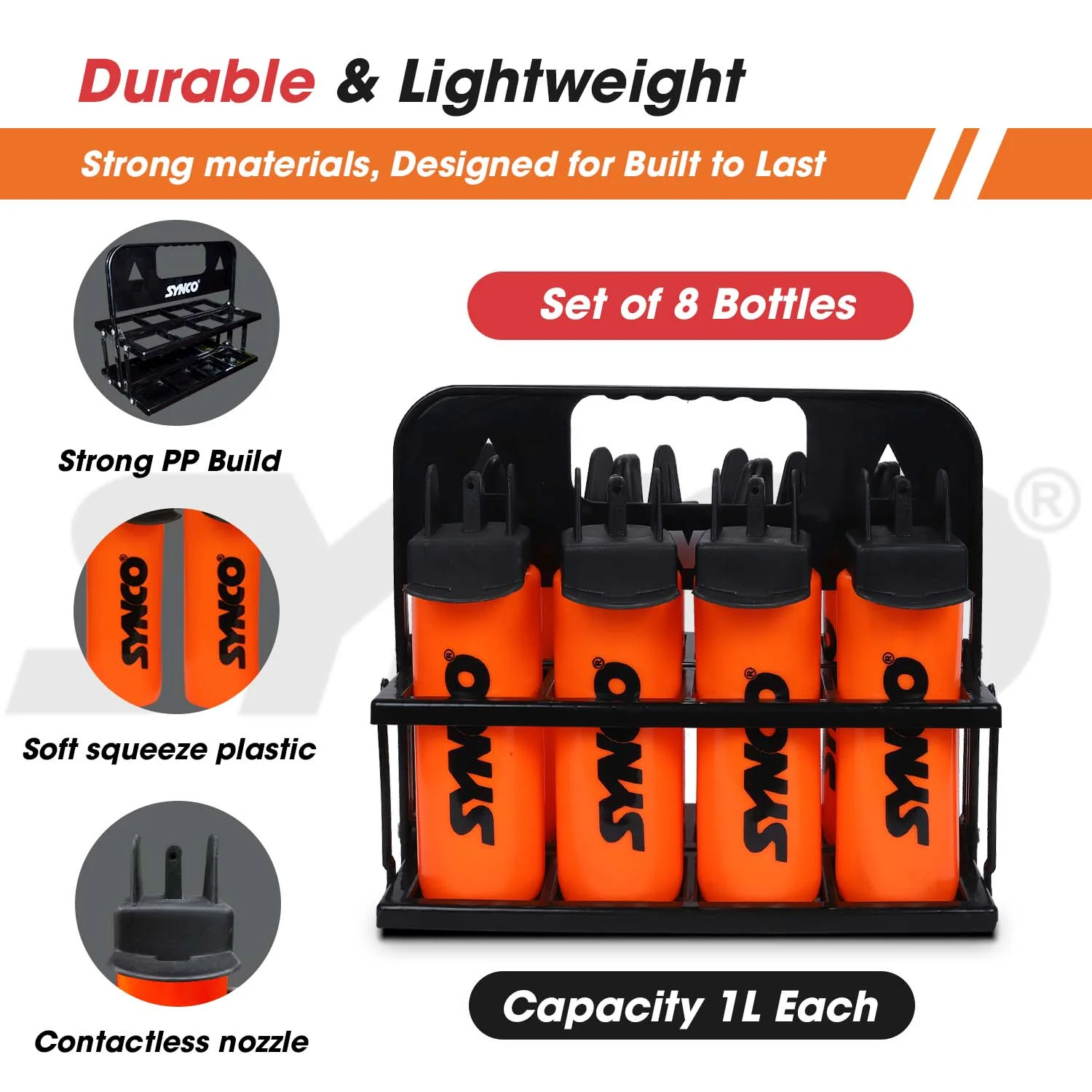 Synco Hygienic Water Bottle carrier set (8 bottles) Orange-Black - Image 4