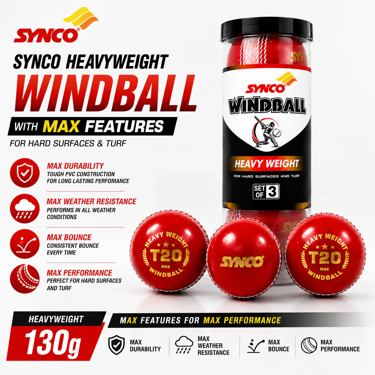 T20 Max Heavy Weight Cricket Wind Ball 130g set of 3 - Synco - Image 3