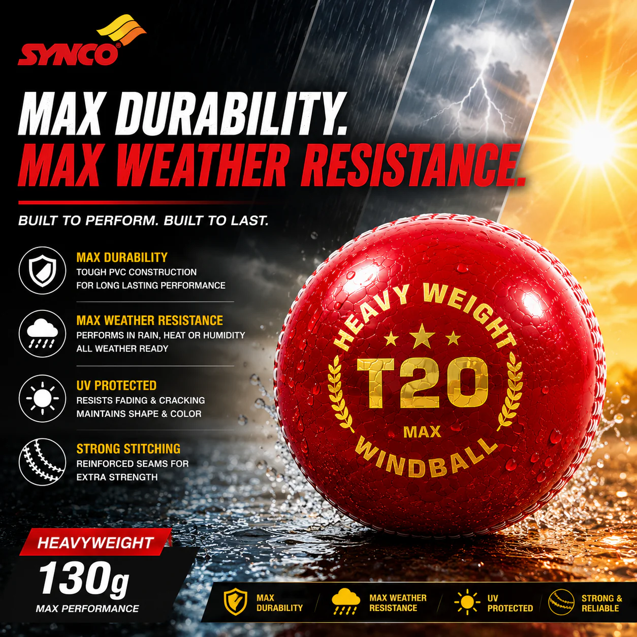 T20 Max Heavy Weight Cricket Wind Ball 130g set of 3 - Synco - Image 4