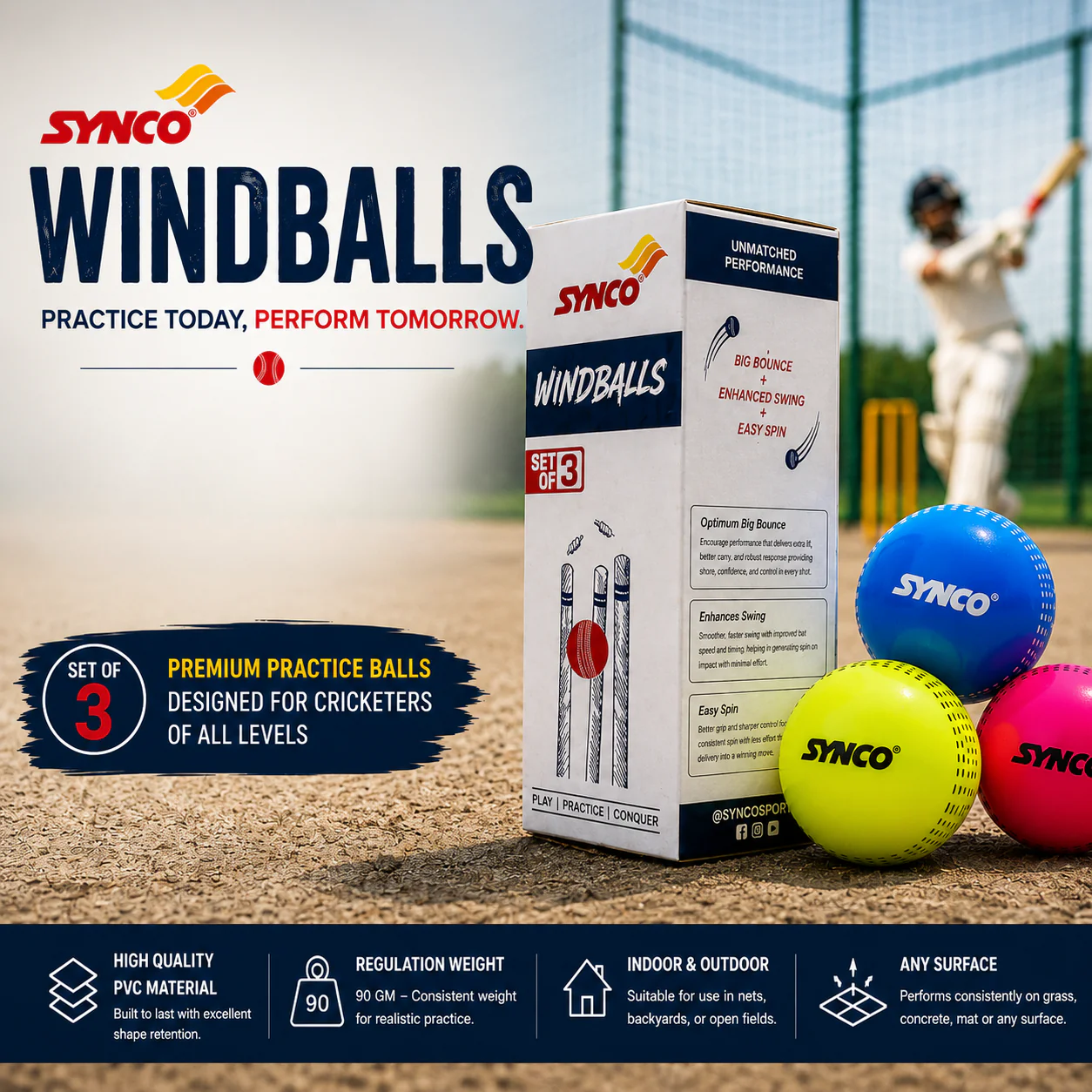 Windball Cricket Balls Pack of 3 90g- Synco - Image 4