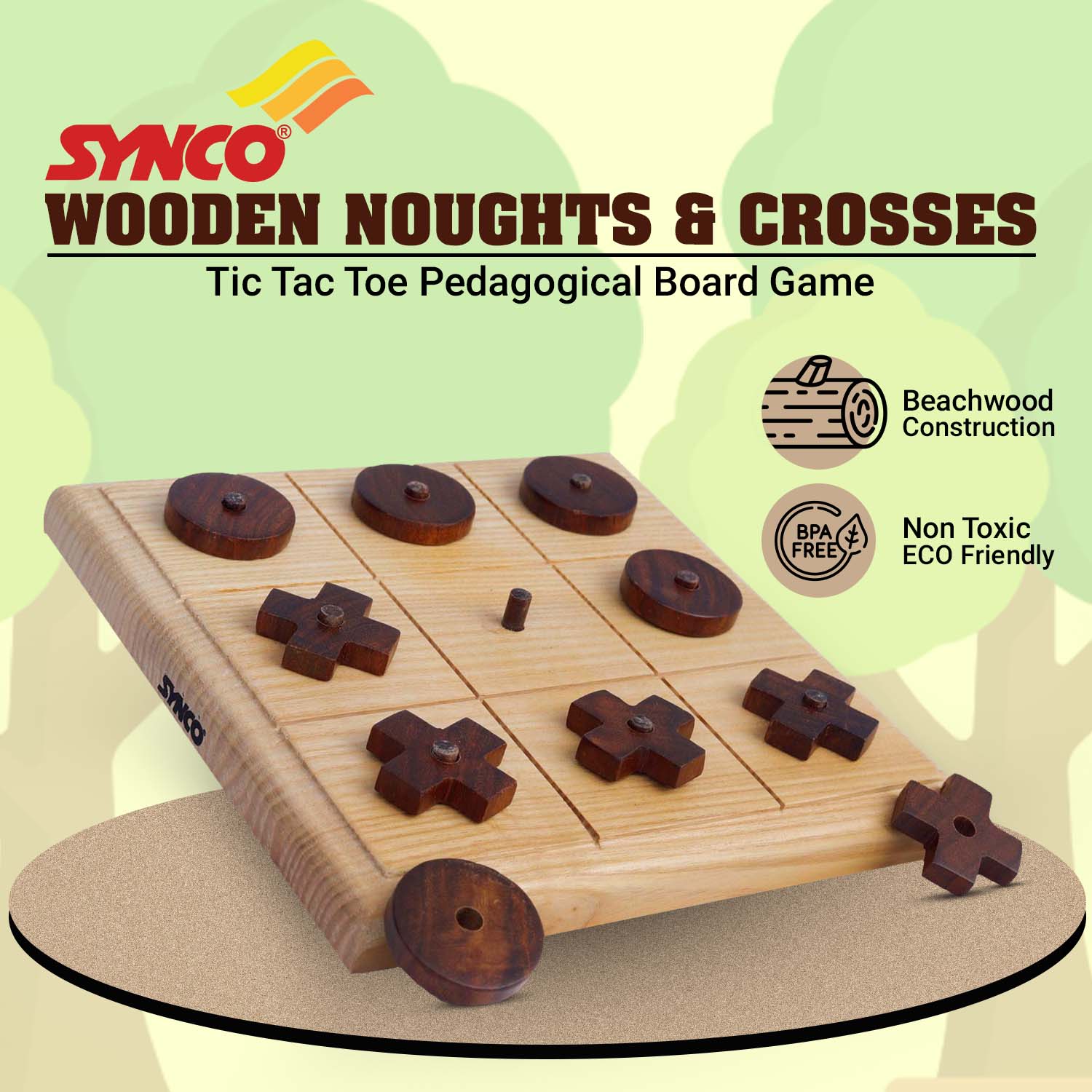 Synco Noughts & Crosses | Tic Tac Wooden Game | Natural Colour & Matte Finish | Gift for Friends & Family - Image 3
