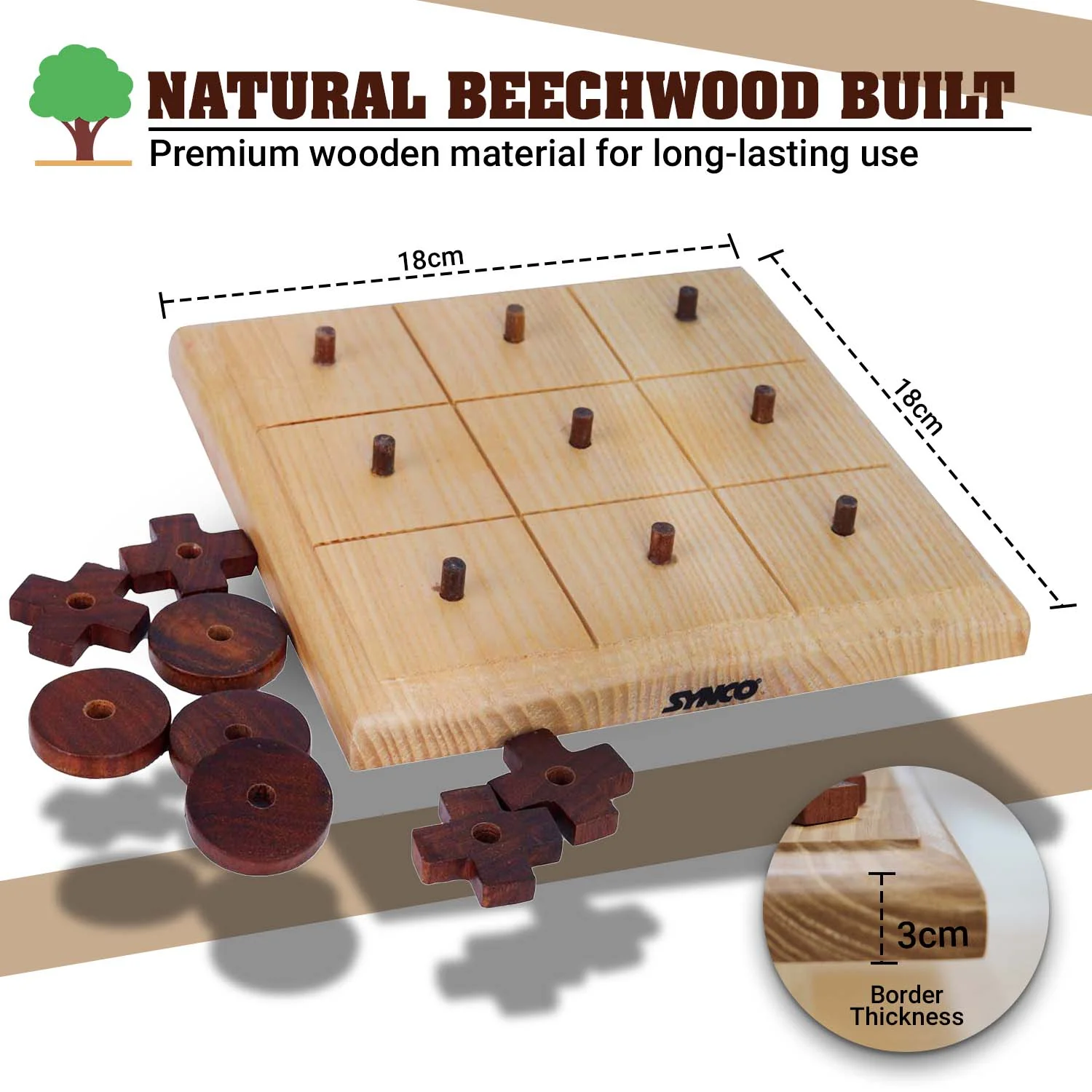 Synco Noughts & Crosses | Tic Tac Wooden Game | Natural Colour & Matte Finish | Gift for Friends & Family - Image 4