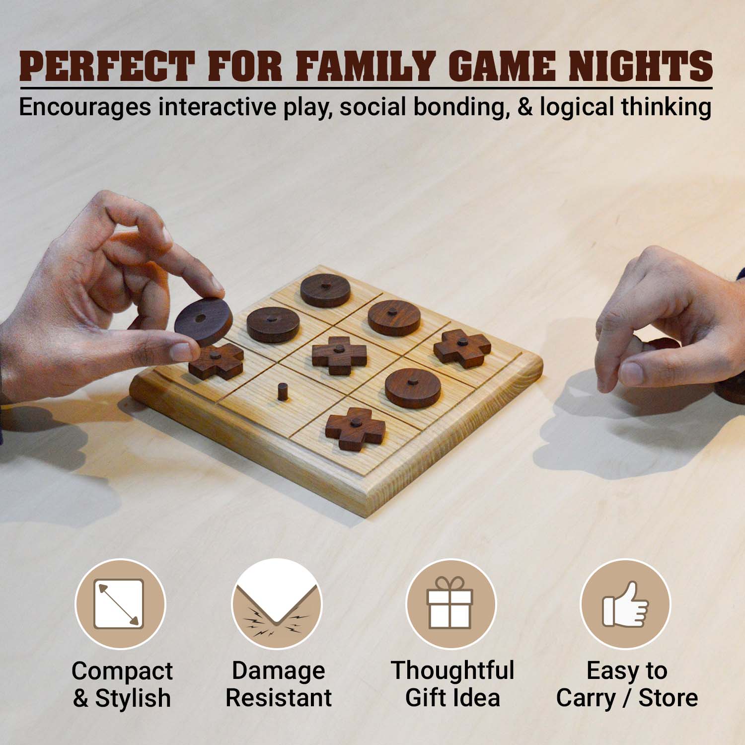 Synco Noughts & Crosses | Tic Tac Wooden Game | Natural Colour & Matte Finish | Gift for Friends & Family - Image 6